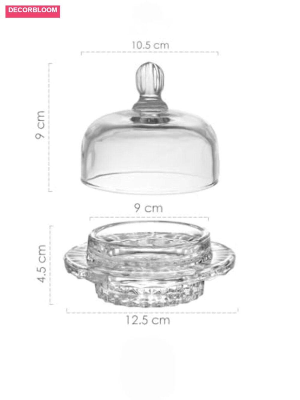 Glass Butter Dish with Crystal Dome Lid, Heavyweight, Dishwasher Safe, - Picture 2 of 6